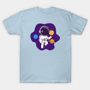 Cute Astronaut Floating In Space With Planet And Moon Cartoon T-Shirt